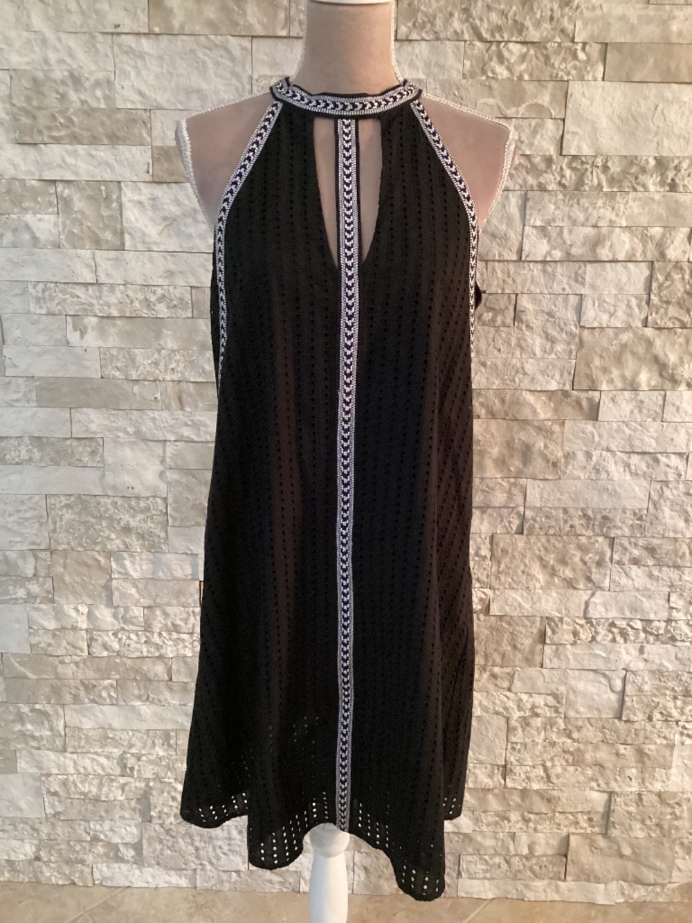 BCBGMAXAZRIA Black Striped Eyelet Halter Dress